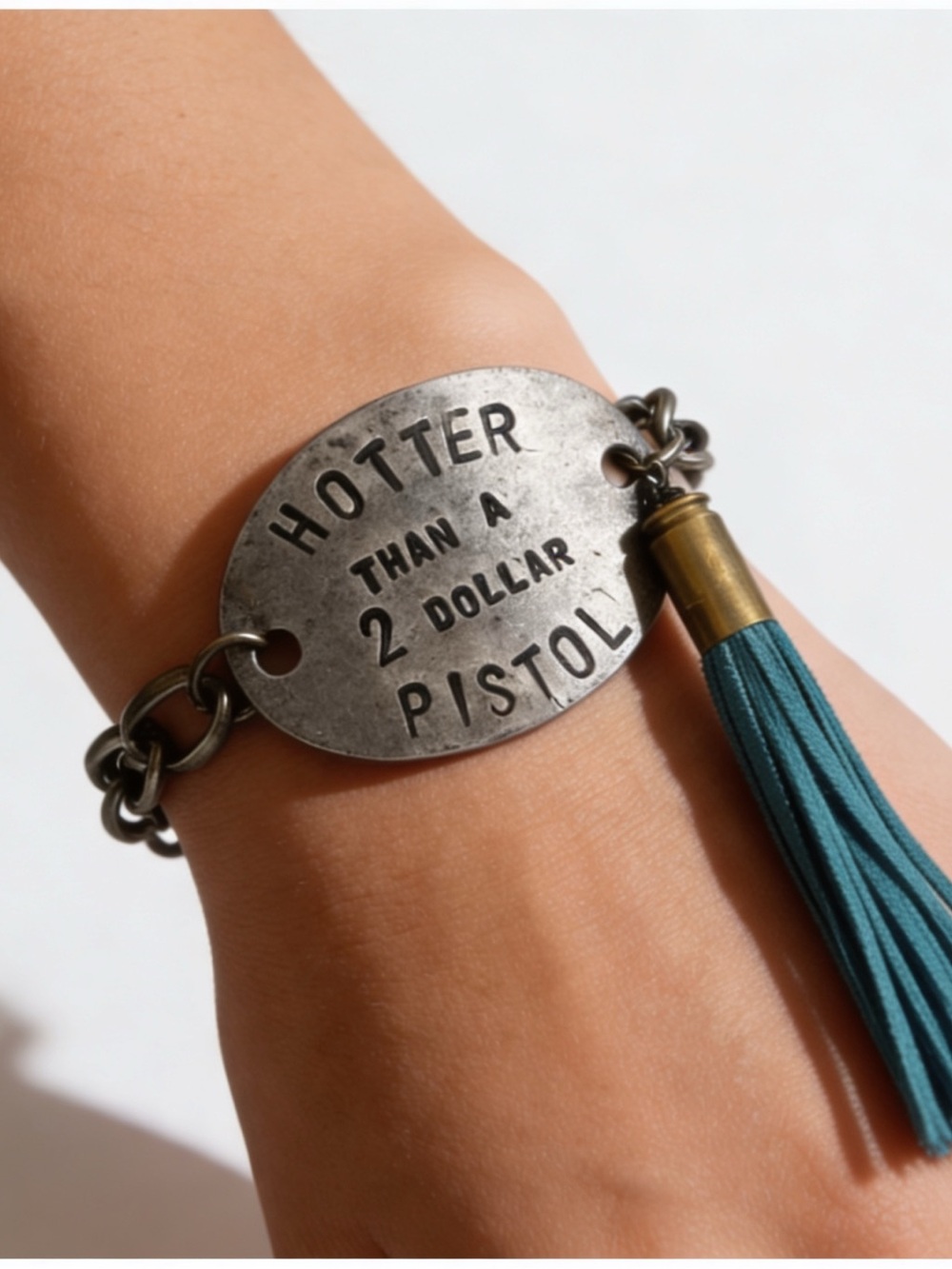 Rustic western blue tassel ‘Hotter Than A Pistol’ bracelet • NWOT!
